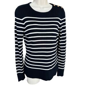 Lauren Ralph Lauren M Navy Blue White Stripe Silk Gold Buttons Nautical Preppy
